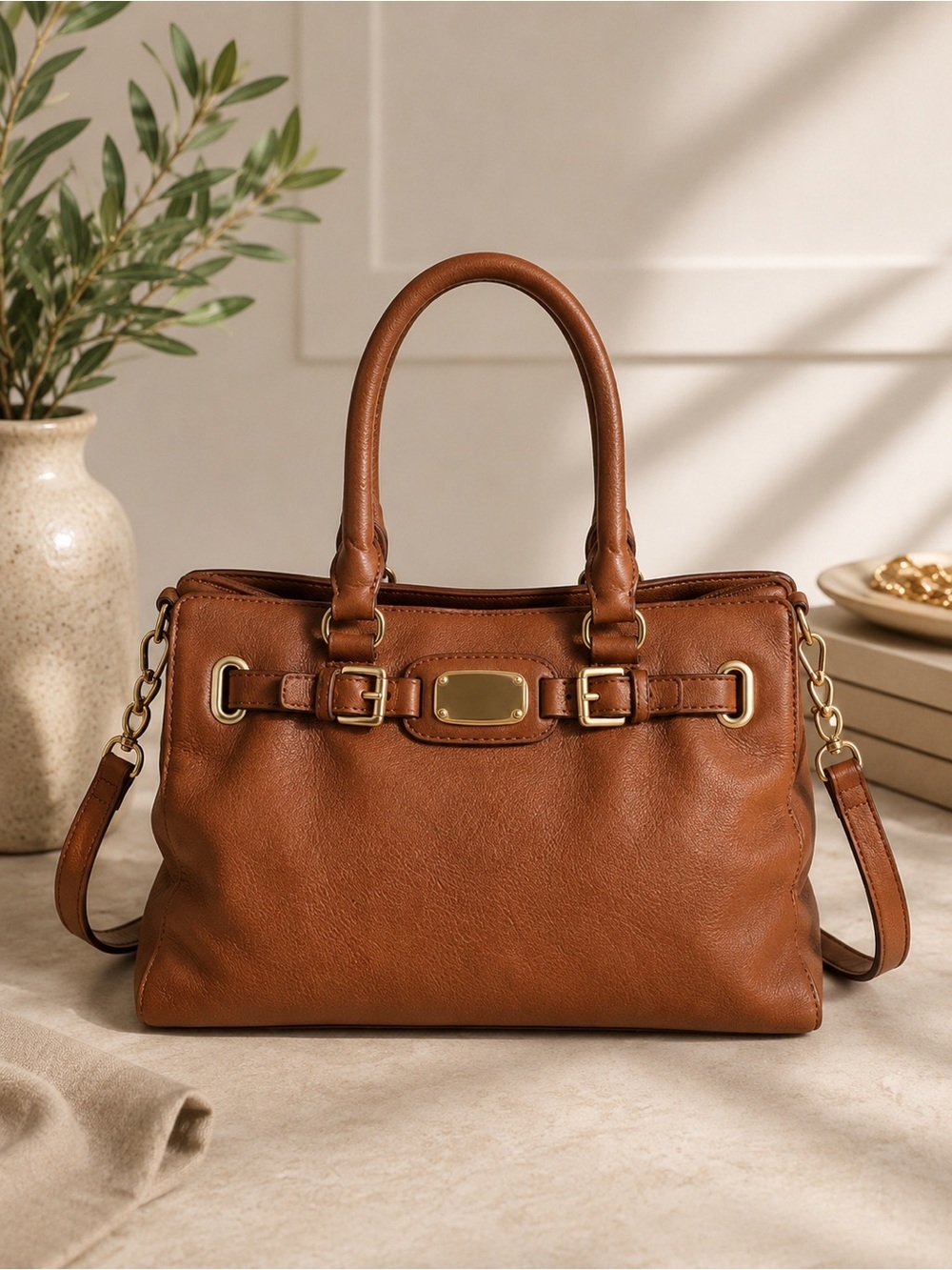Michael Kors Hamilton Brown Pebbled Leather Satchel Tote Shoulder Bag Crossbody